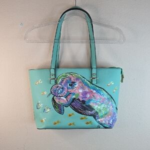 Yzaoll Faux Leather Aqua Water Resistant Handbag /Tote.Handpainted MANETTE Fish